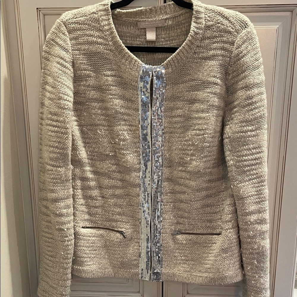 Banana Republic Cream Gray Wool Sweater Cardigan Silver Sequin Accent Trim Large